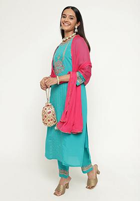 Sky Blue Embroidered Silk Kurta Set