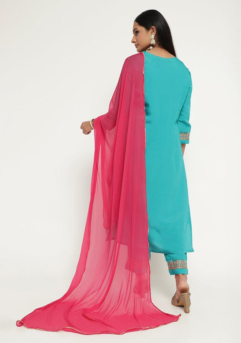 Sky Blue Embroidered Silk Kurta Set