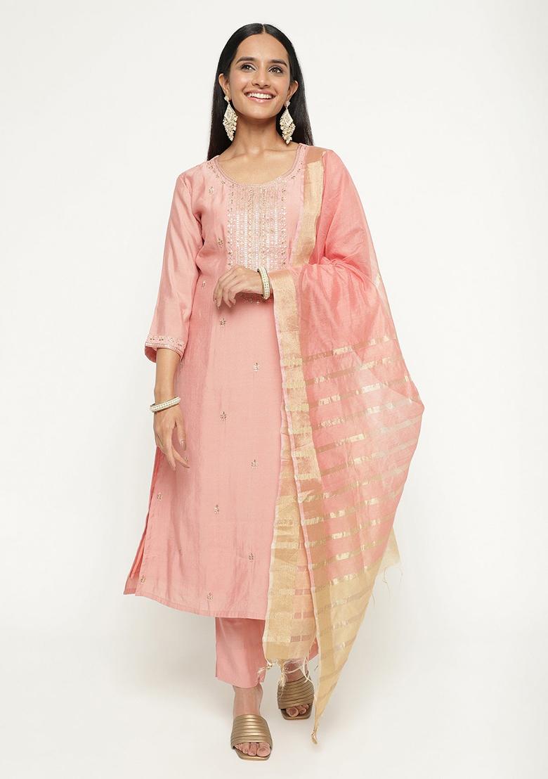Peach Embroidered Silk Kurta Set