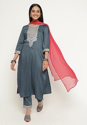 Grey Embroidered Silk Kurta Set
