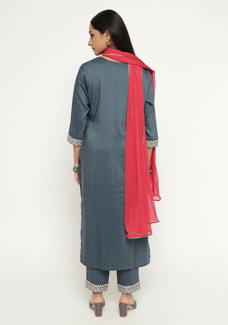 Grey Embroidered Silk Kurta Set