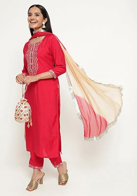 Red Embroidered Silk Kurta Set