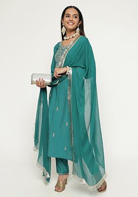 Sea Green Embroidered Silk Kurta Set