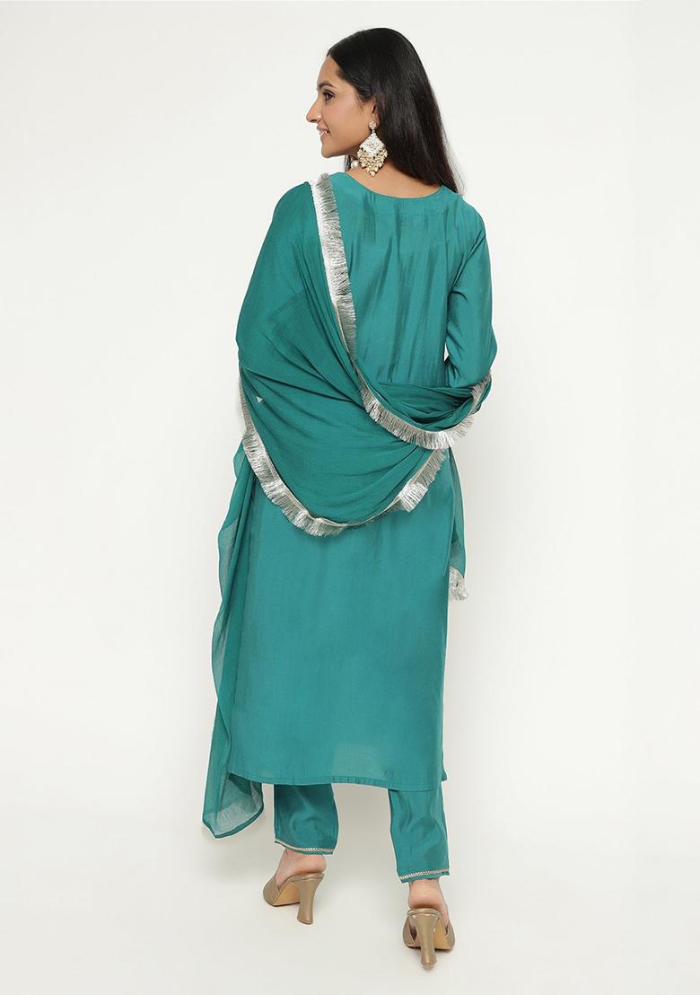 Sea Green Embroidered Silk Kurta Set