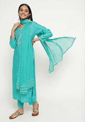 Sky Blue Embroidered Silk Kurta Set