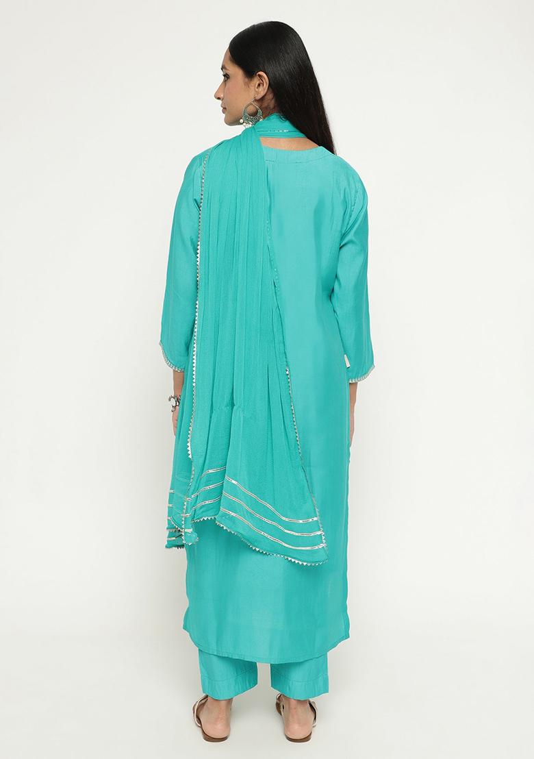 Sky Blue Embroidered Silk Kurta Set