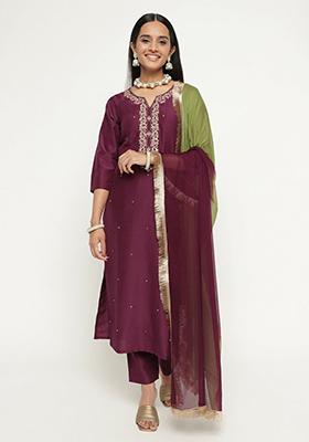 Magenta Embroidered Silk Kurta Set