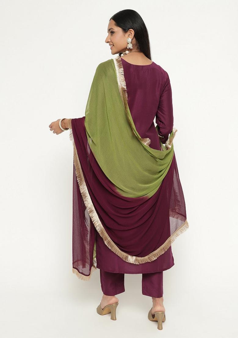 Magenta Embroidered Silk Kurta Set