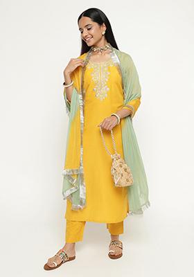 Yellow Embroidered Silk Kurta Set