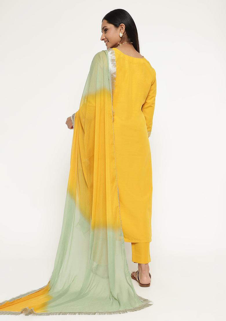 Yellow Embroidered Silk Kurta Set