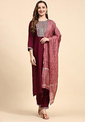 Red Embroidered Silk Kurta Set