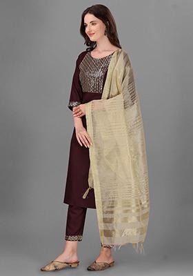 Maroon Embroidered Cotton Kurta Set