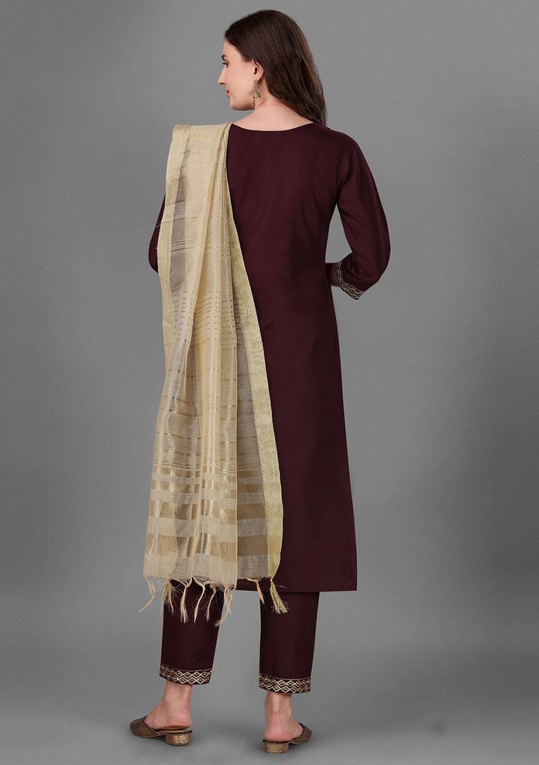 Maroon Embroidered Cotton Kurta Set