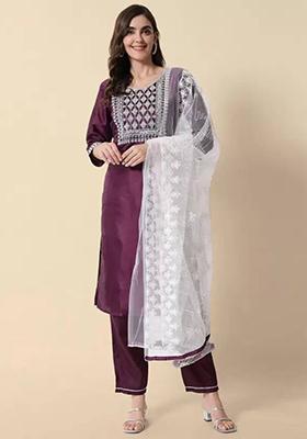 Maroon Embroidered Rayon Kurta Set
