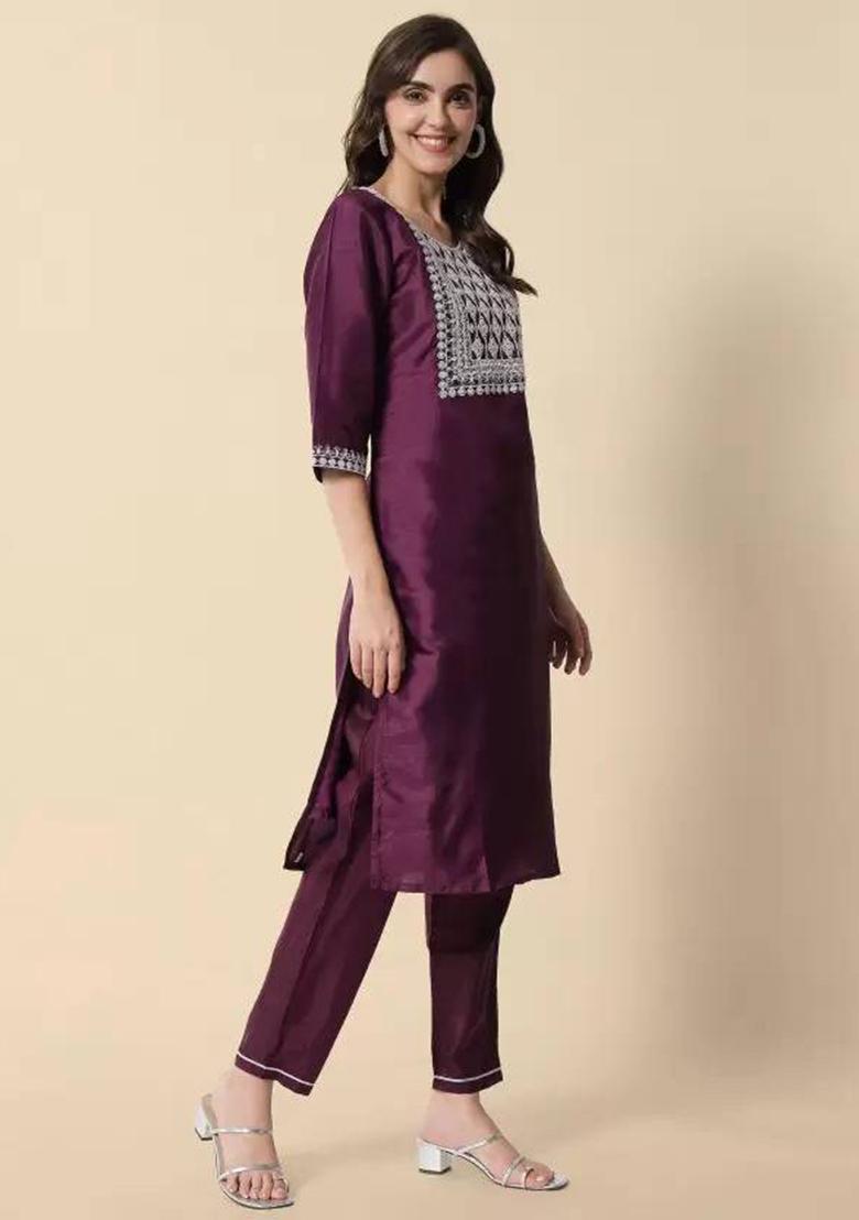 Maroon Embroidered Rayon Kurta Set