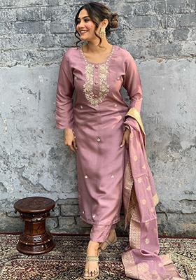Onion Pink Embroidered Chanderi Kurta Set