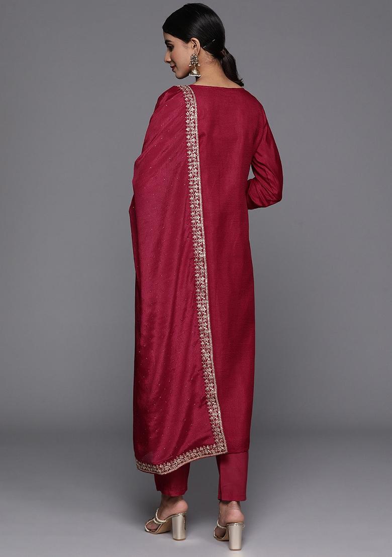 Maroon Embroidered Vichitra Kurta Set