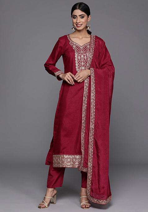 Maroon Embroidered Vichitra Kurta Set
