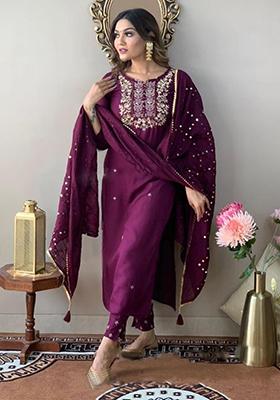 Maroon Embroidered Rayon Kurta Set