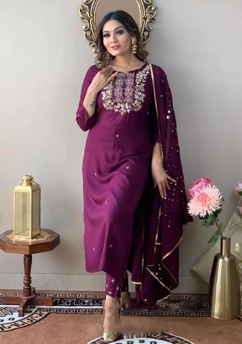 Maroon Embroidered Rayon Kurta Set