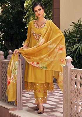Mustard Embroidered Muslin Kurta Set