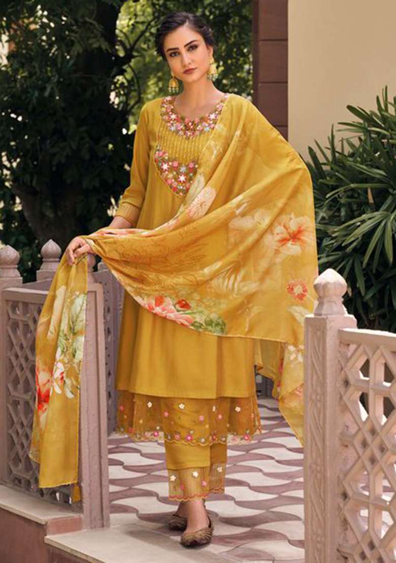 Mustard Embroidered Muslin Straight Kurta Set - Indya