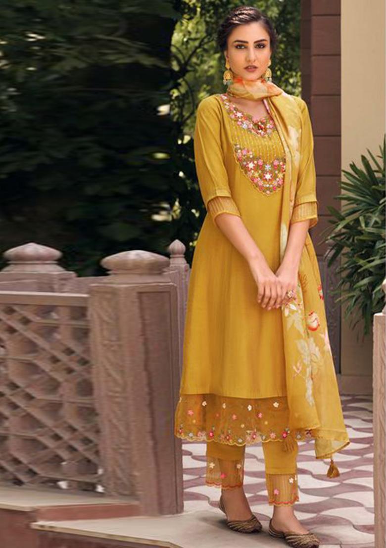 Mustard Embroidered Muslin Kurta Set
