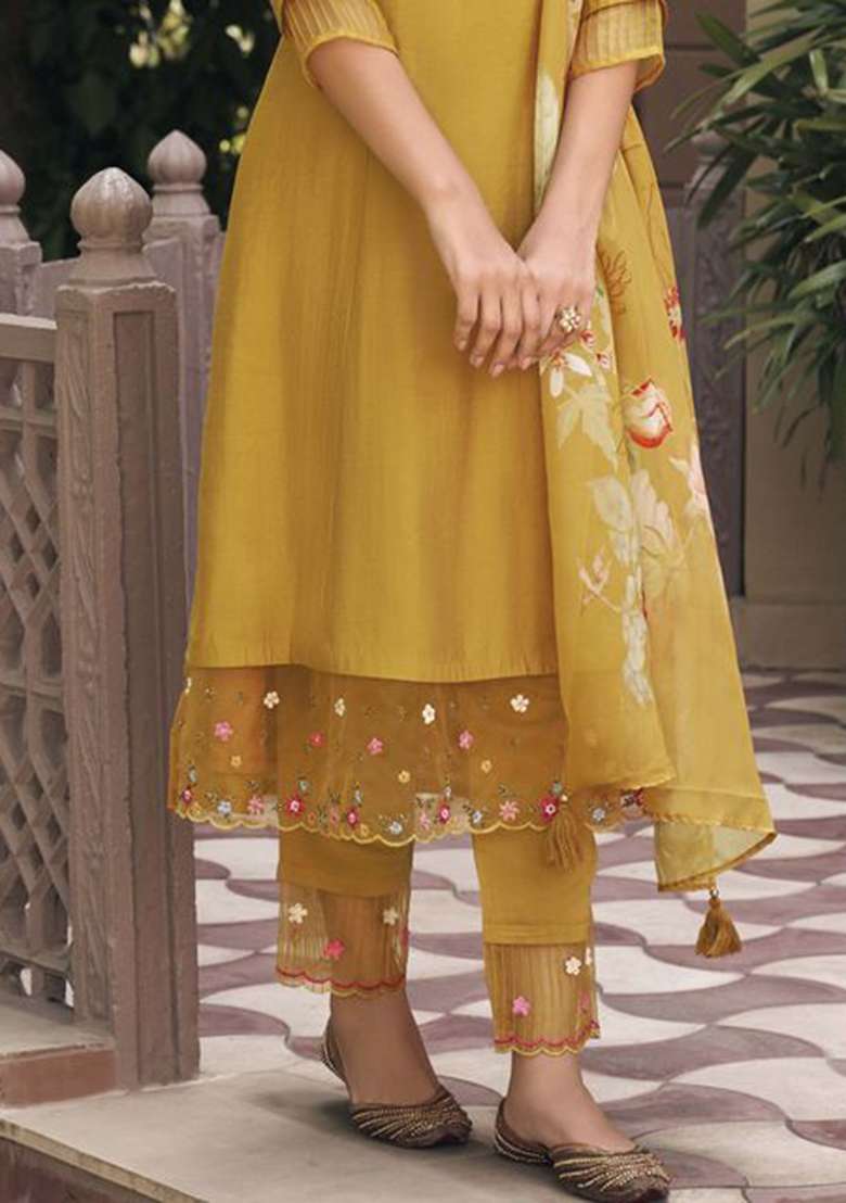Mustard Embroidered Muslin Straight Kurta Set - Indya