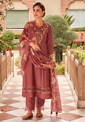 Peach Embroidered Muslin Kurta Set