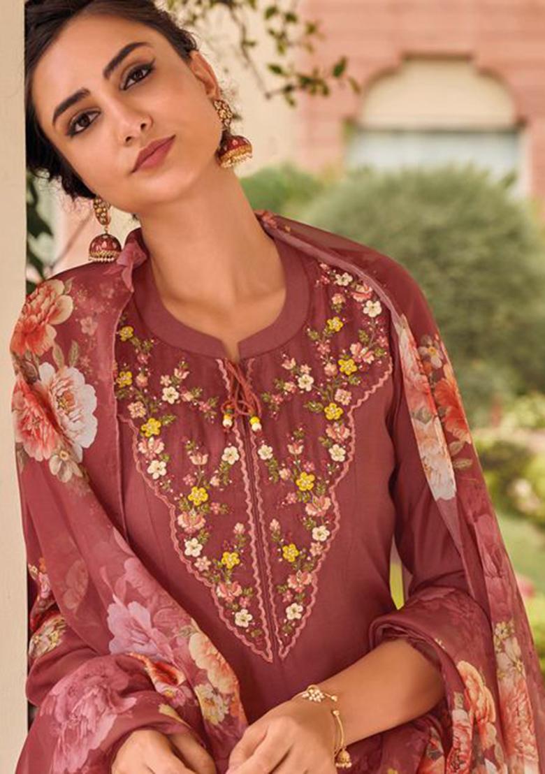 Peach Embroidered Muslin Kurta Set