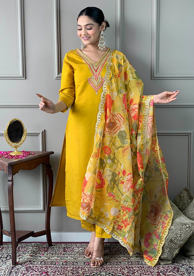 Mustard Embroidered Chanderi Kurta Set