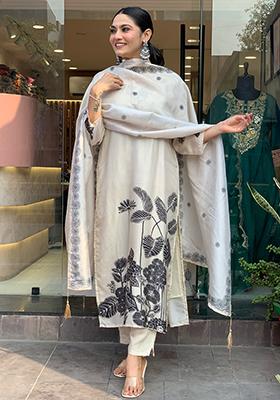 Off White Embroidered Chinon Kurta Set