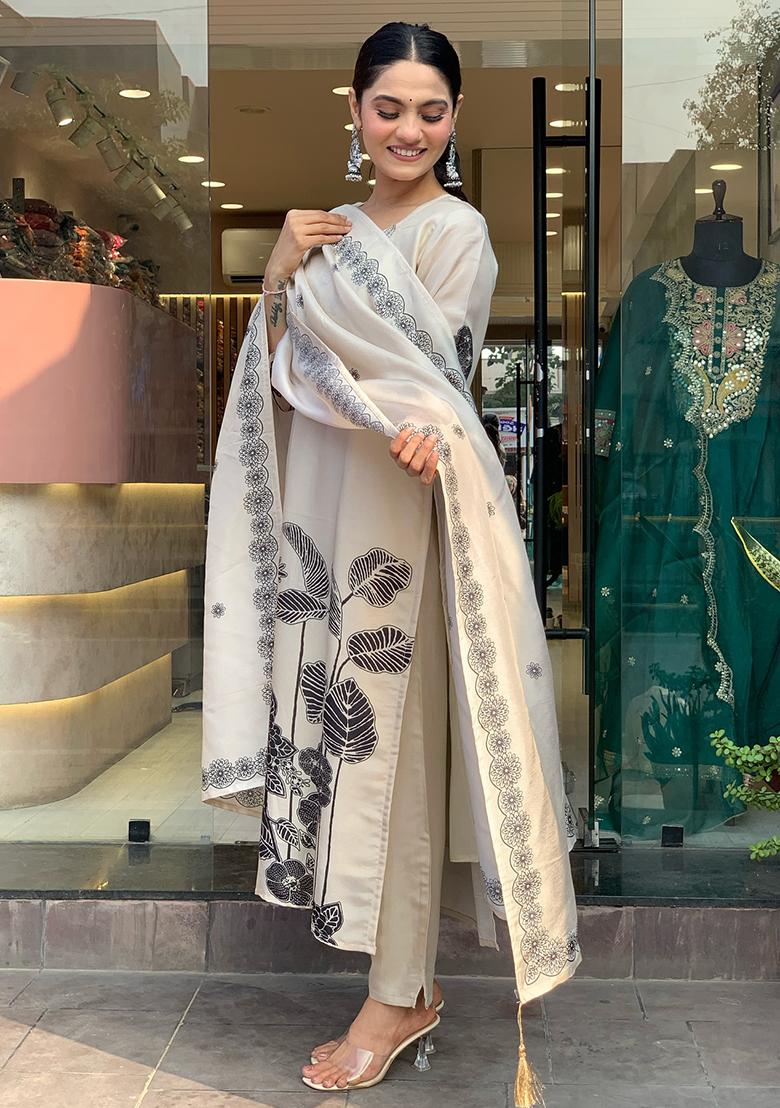 Off White Embroidered Chinon Kurta Set