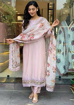 Light Pink Embroidered Viscose Kurta Set