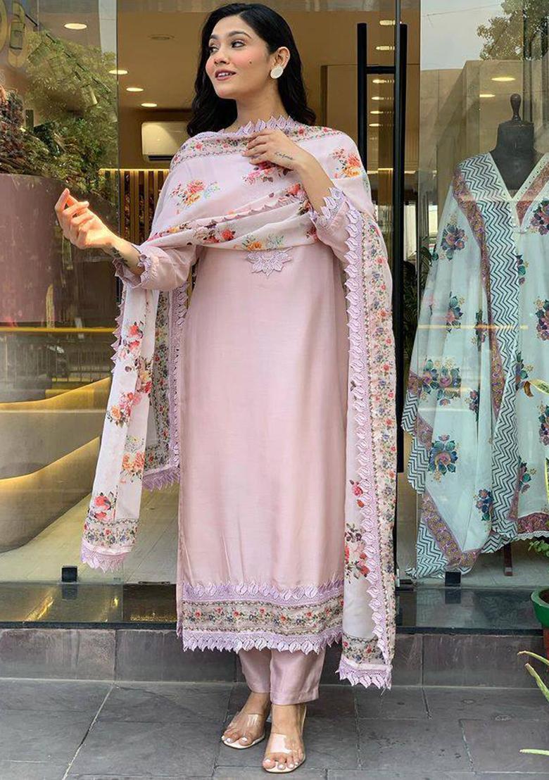 Light Pink Embroidered Viscose Kurta Set