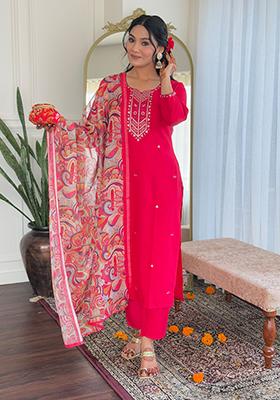 Rani Pink Embroidered Rayon Kurta Set