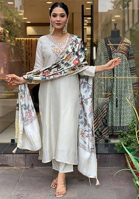 Off White Embroidered Viscose Kurta Set