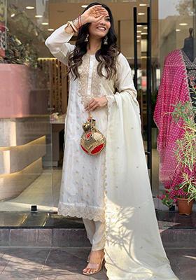 White Embroidered Viscose Kurta Set
