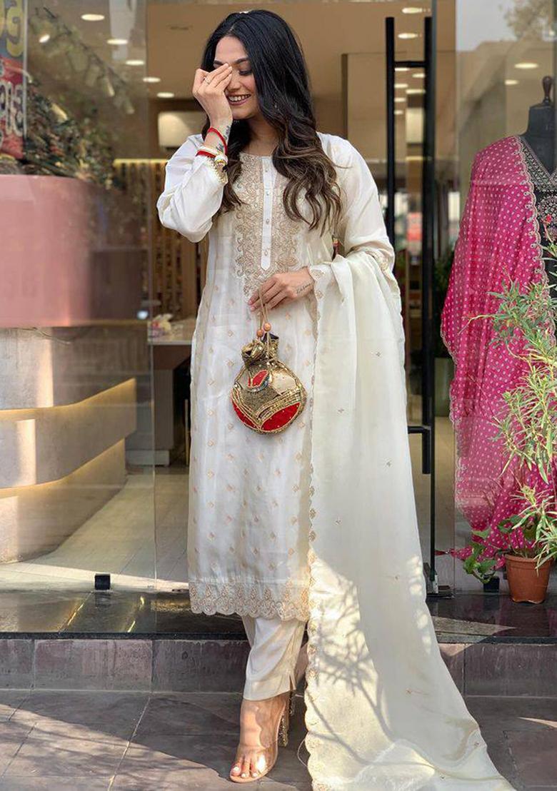 White Embroidered Viscose Kurta Set