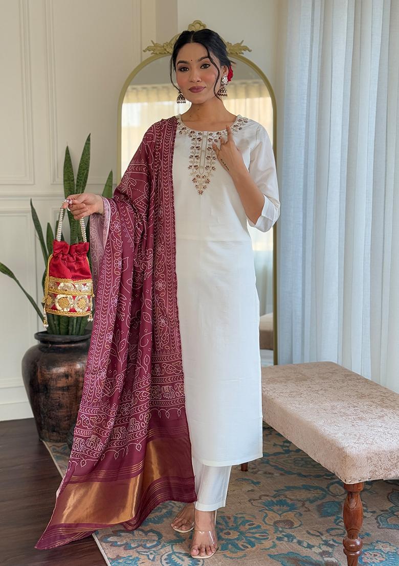 Off White Embroidered Silk Kurta Set