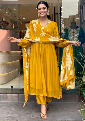 Mustard Embroidered Chinon Kurta Set