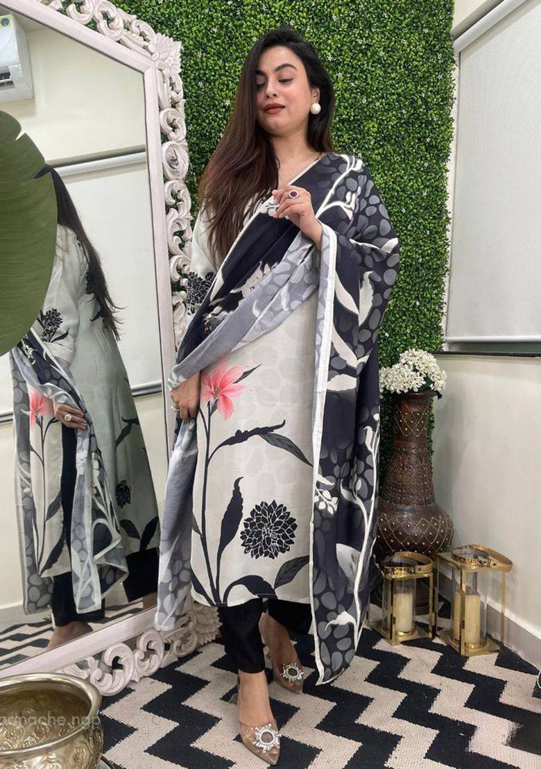 White Printed Viscose Kurta Set