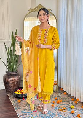 Yellow Embroidered Silk Kurta Set