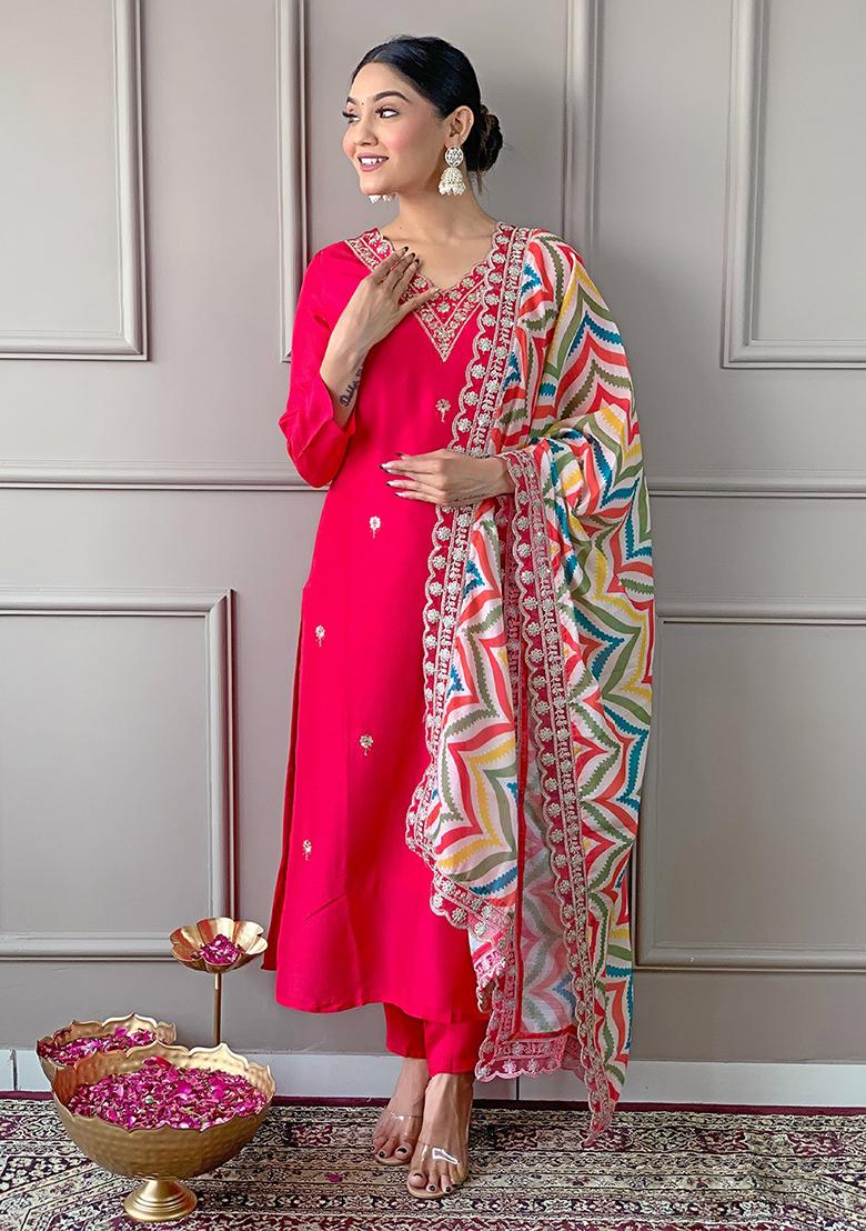 Rani Pink Embroidered Viscose Kurta Set