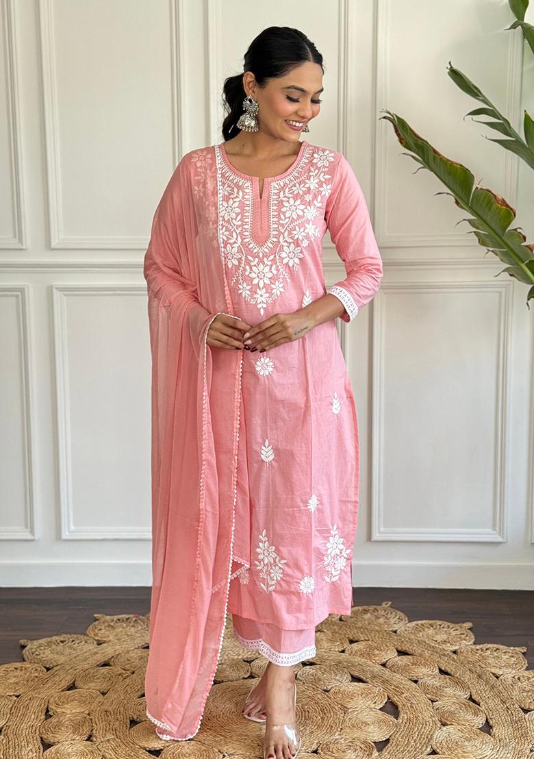 Light Pink Embroidered Cotton Kurta Set