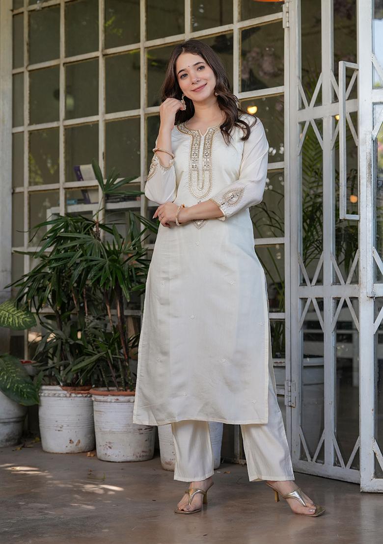 Off White Embroidered Viscose Kurta Set