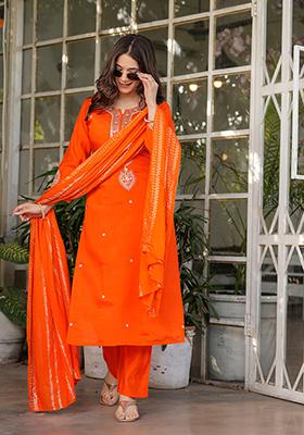 Orange Embroidered Viscose Kurta Set