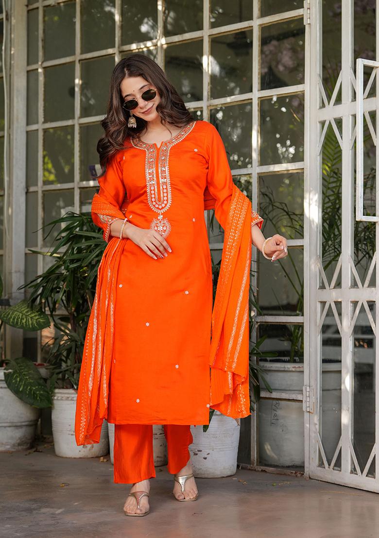 Orange Embroidered Viscose Kurta Set