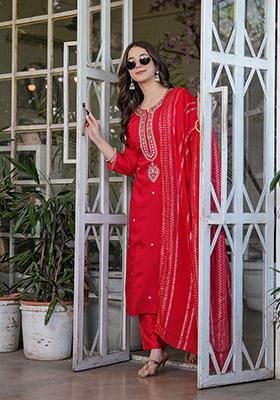 Red Embroidered Viscose Kurta Set