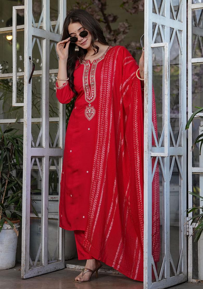 Red Embroidered Viscose Kurta Set